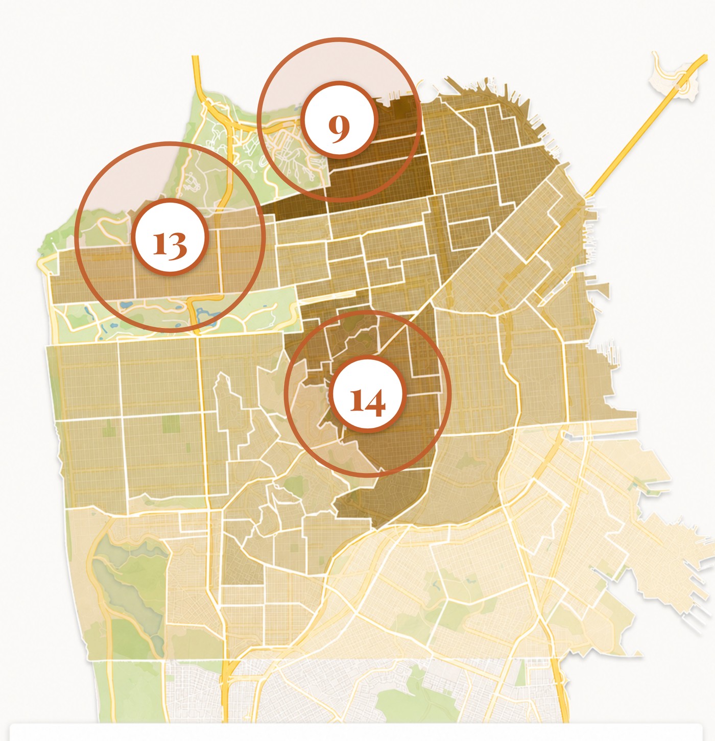 Map of San Francisco showing where June $1M-over-asking sales clustered